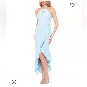 XSCAPE Light Blue Handkerchief-Hem Halter Midi Dress